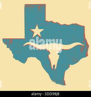 Texas map silhouette with bull skull on old paper texture background. Vector illustration of Texas map blue red silhouette Stock Vector