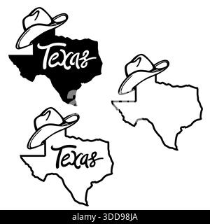 Texas map and cowboy hat Vector illustration of Texas maps black background silhouette with western hats and text isolated on white for design. Texas Stock Vector