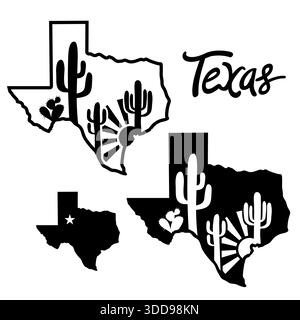 Texas map and cactuses desert black silhouette Vector illustration of Texas maps black desert background silhouette with text isolated on white for de Stock Vector