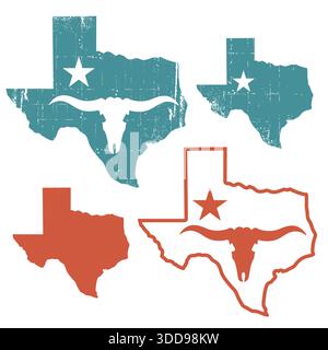 Texas set maps silhouette with bull skull and symbol star. Vector illustration of Texas map silhouette old scratched background isolated on white for Stock Vector