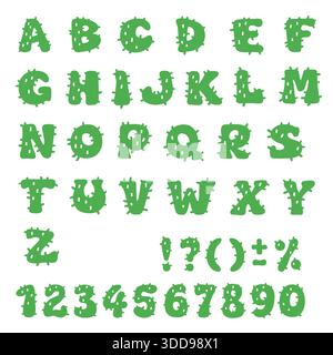 Cactus alphabet set. Cactus letters and cactus numbers isolated on white. Stock Vector