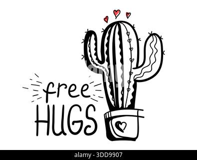 Free hugs. Cactus Love silhouette. Vector hand drawn Printable Cactus in pot with Red Love heart illustration isolated on white Stock Vector