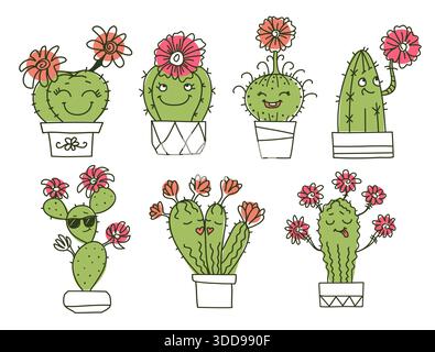 Cactuses and succulents with happy faces. Color Hand drawn doodle outline cactus with flower. Set cacti, aloe and leaves Collection of exotic plants. Stock Vector