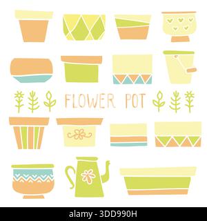 Flower pots isolated flat style design. Vector set of flower pots illustration Close up isolated on white background Stock Vector