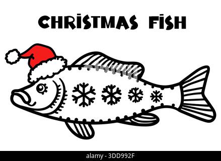 Christmas fishing vector illustration. Vector winter fishing symbol hand drawn illustration with holiday text Stock Vector