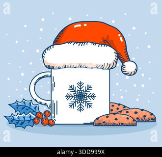 Christmas tea or coffee time with sweet chocolate chip cookies. Vector winter Chriistmas card with red Santa hat and holly berry on blue snow backgrou Stock Vector