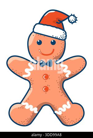 Gingerbread man cookie in Santa hat for Christmas holiday. Vector winter holiday illustration isolated on white for design Stock Vector