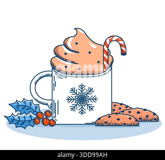 Christmas cup of Whipped coffee milk and sweet chocolate chip cookies. Vector blue winter Chriistmas card with red holly berry on white background Stock Vector