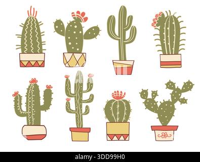 Cactuses floral. Hand drawn vintage cactuses in pots. Vector set color cacti, aloe and leaves Collection of exotic plants hand drawn illustration isol Stock Vector