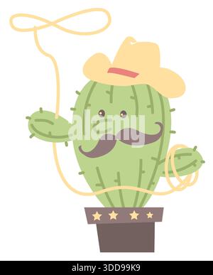 Cactus in cowboy hat with cowboy lasso rodeo. illustration isolated on white Stock Vector