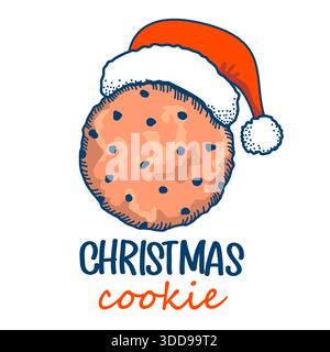 Christmas cookies, Chocolate chip cookie with Santa red hat decoration and holiday text. Vector color illustration isolated on white for design Stock Vector