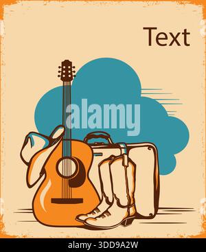 Country guitar music travel. Vintage poster acoustic guitar, cowboy boots and American hat with suitcase on blue sky backround with clouds. Stock Vector
