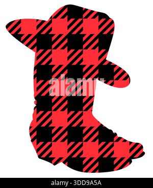Buffalo Plaid Christmas Cowboy boots silhouette. Vector illustration Cowboy hat Country Christmas isolated on white Stock Vector