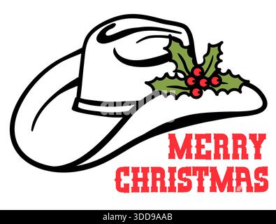 Cowboy hat with Christmas holly berry and text. Country Christmas holiday symbol of Vector illustration isolated on white for design Stock Vector