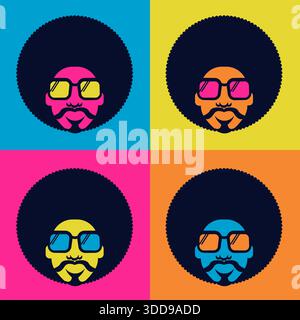 Retro Disco dance poster 70s. Vector bright color portrait man with retro sunglasses Stock Vector