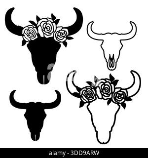 Set of cow skull silhouette with flowers on head. Vector print art black graphic illustration isolated on white Stock Vector