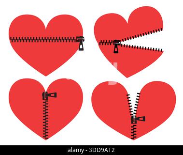Red Heart with zipper. Vector symbols of zipper hearts illustration isolated on white for design Stock Vector