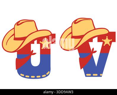 English alphabet. Vector illustration of letter U and V with western decoration Cowboy hat and sheriff star isolated on white background. Cowboy baby Stock Vector