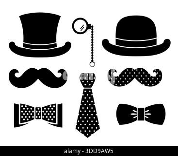 Vintage silhouette retro top hat, mustaches, monocle and bow tie. Vector black graphic illustration isolated on white Stock Vector