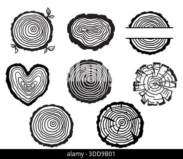 Wood tree rings. Vector black graphic illustration of wood texture collection isolated on white Stock Vector
