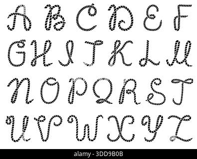 Rope alphabet. Vector illustration of Letters made from nautical rope isolated on white. Hand written font Stock Vector