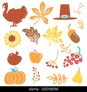 Happy Thanksgiving day objects. Vector Beautiful handwritten Illustration Autumn symbols isolated on white. Stock Vector