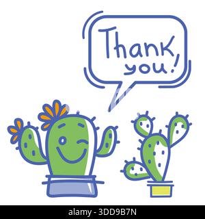 Thank you card with cute Cactuses succulent and text. Hand draw color illustration isolated on white Stock Vector