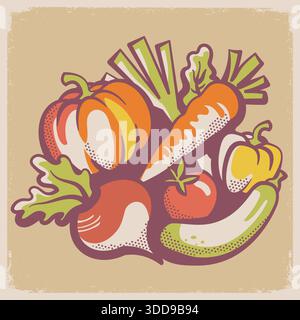Fresh vegetables. Vector Retro style Harvest festival graphic illustration. Farm organic product on old paper texture poster background Stock Vector