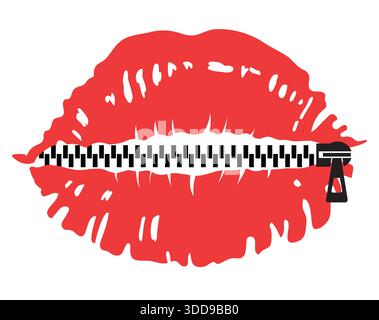 No talking Zipper lips. Vector symbol of red lips isolated on white for design Stock Vector