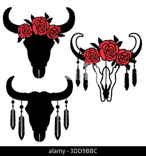 Set of cow skull silhouette with flowers on head. Vector print art black graphic vintage illustration isolated on white Stock Vector