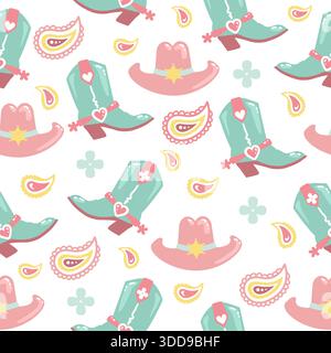 Cowboy western seamless pattern vector illustration with cowboy boots, cowboy hat, cactuses and cow kull decoration Stock Vector