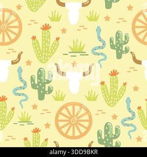 Cowboy western seamless pattern vector illustration with cowboy boots, cowboy hat, cactuses and cow kull decoration Stock Vector