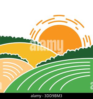 Country landscape with fields and sun. Vector color flat style illustration background for text or design. Stock Vector