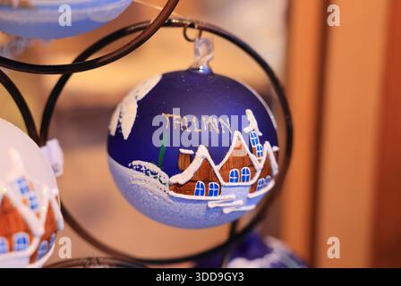 Local products for sale on stalls on the Christmas market in Tallinn, Estonia. Stock Photo