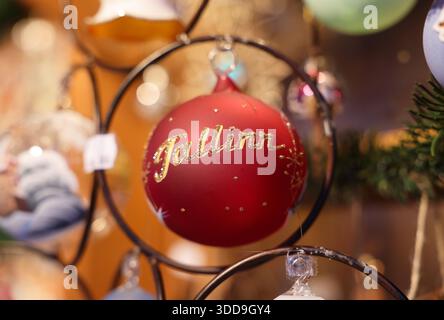 Local products for sale on stalls on the Christmas market in Tallinn, Estonia. Stock Photo