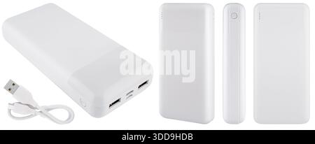 A modern power bank in a white case with two USB outputs and an indicator. On a white background in isolation. Stock Photo