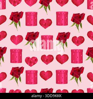 Seamless pattern with red hearts, roses, and gifts on a pink background Stock Vector