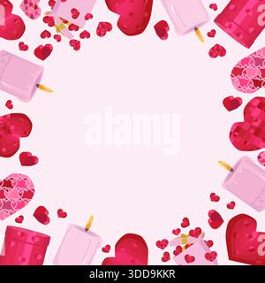 Square frame of hearts, gifts, and candles on a pink background Stock Vector