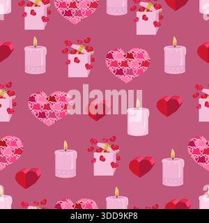 Seamless pattern with red hearts, candles, gifts on a pink background Stock Vector