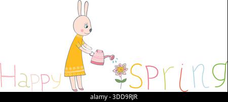 Cute bunny with watering can and flower with Hello spring letters in yellow and pink colors Stock Vector