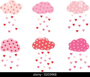 Cut vector set with clouds with dots and hearts in pink and red colors for Valentine's day greeting cards and invitations Stock Vector