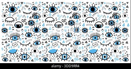 Hand drawn sketch vector evil eye pattern banner open and closed eyes and geometric shapes in hand drawn doodle ethnic style Stock Vector