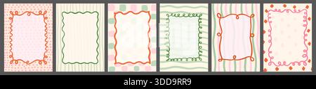 Doodle squiggly vector frames with different patterns in pale green, red and pink colors, Coquette borders for menus, invitations and posters Stock Vector