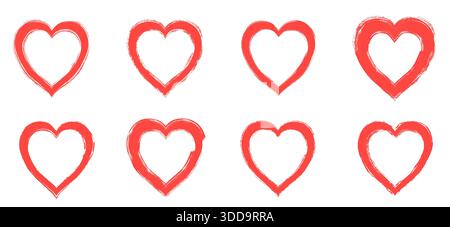 Hand drawn red heart shaped vector frames set, grunge rough brush borders for Valentine's Day and Mother's Day designs Stock Vector