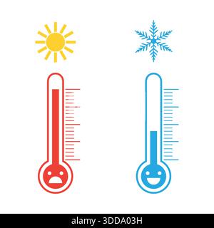 thermometers of heat and cold temperature with different emotions on a white background Stock Vector