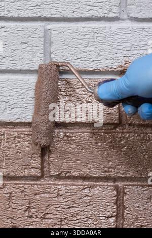 Person painting over a grey brick wall with rose gold metallic paint using a paint roller. Do it yourself home improvement concept. Stock Photo