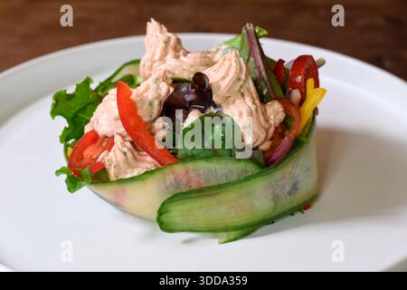 Salmon mousse served with mixed salad greens, tomatoes, and peppers, wrapped in thinly sliced cucumber on a white plate Stock Photo