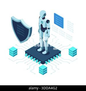 Isometric AI Cybersecurity Robot with Shield Protecting Data. AI Cybersecurity Agent Concept Stock Vector