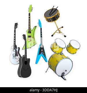 Collection of guitars and drum set with drumsticks isolated on white background. Concept of modern rock music. Stock Photo