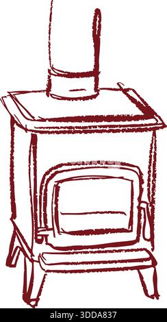 A compact wood burning stove with chimney pipe sketched in red line art. Stock Vector